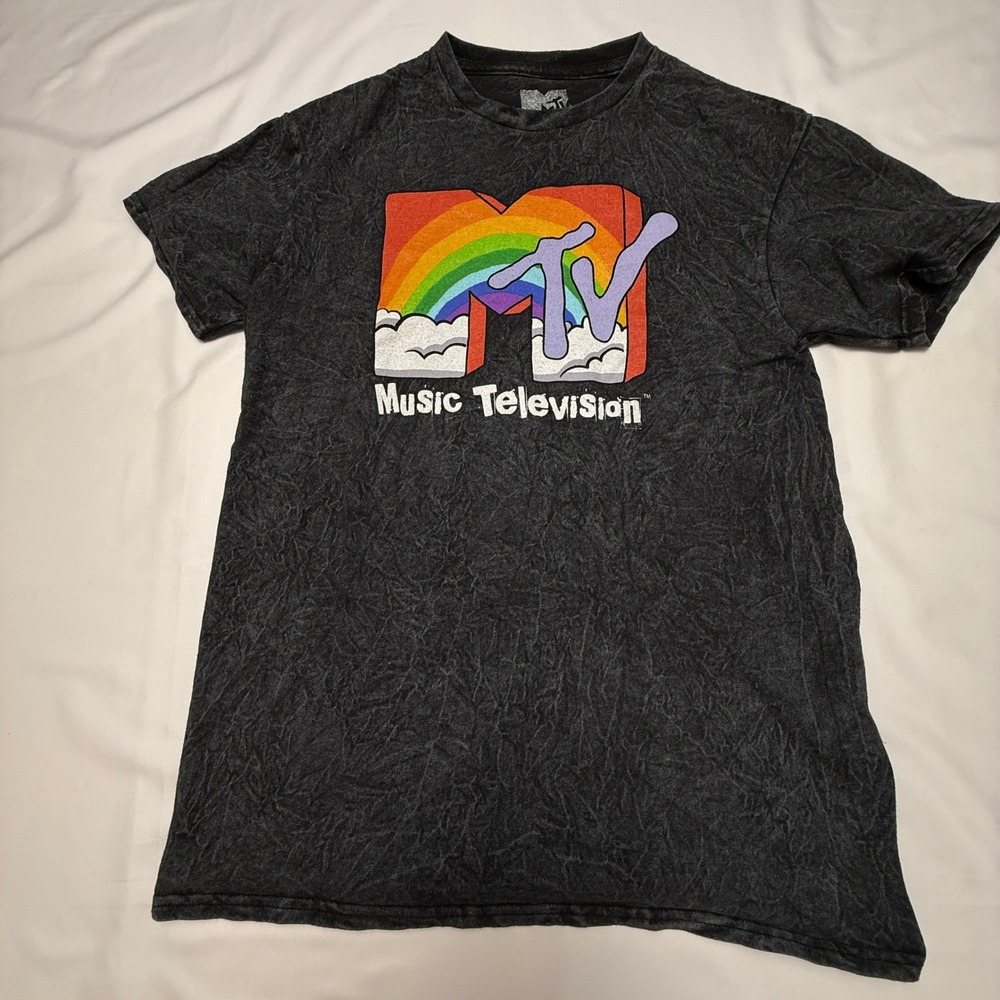 MTV Retro Street Style Graphic Tee Rainbow Logo M Black Unisex‎